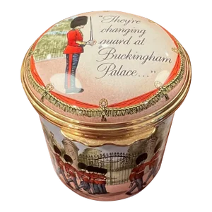 1980s Halcyon Days Enamel Box "They're Changing Guard at Buckingham Palace ...", English