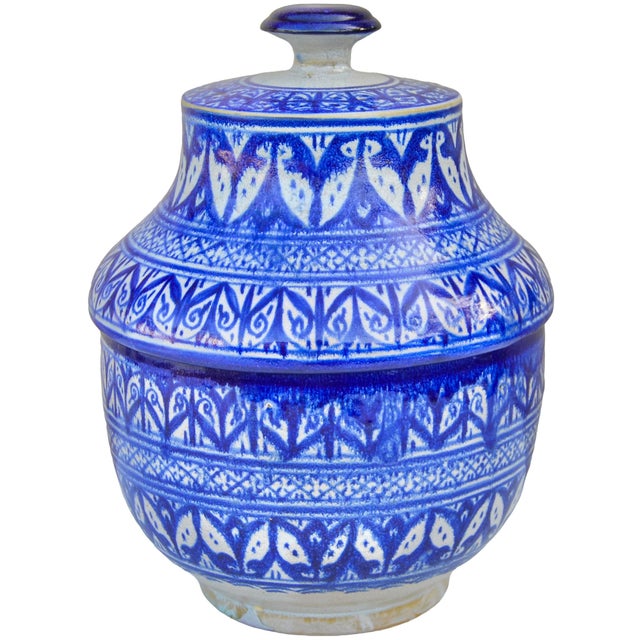 Spectacular well-made antique Moroccan ceramic lidded bowl centerpiece, showcasing an elaborate handcrafted and glazed...
