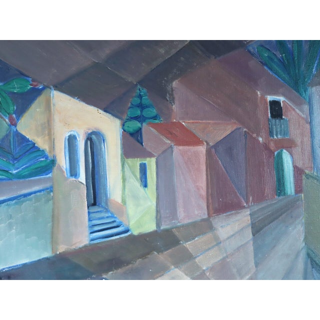 Mid-Century Modern 'Cubist Street' Swedish Original Geometric Street Scene Oil Painting - Framed For Sale - Image 9 of 10