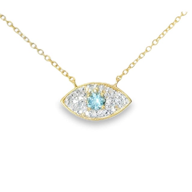 Mid-Century Modern Mid 20th Century 14k Yellow Gold Blue Topaz Diamond Evil Eye Necklace Estate For Sale - Image 3 of 4