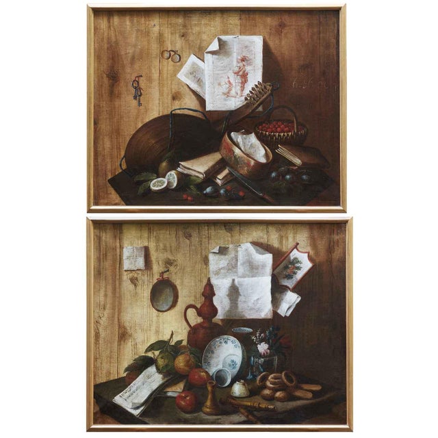 Trompe l'Oeil Still Lifes, 18th Century, Oil on Canvases, Set of 2 For Sale - Image 16 of 16