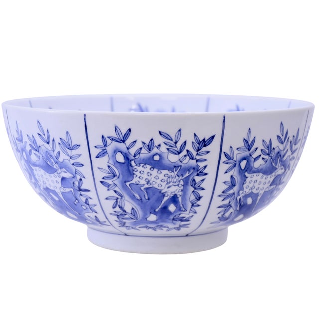 Maitland-Smith chinoiserie porcelain 10 inch console bowl with blue and white decorated panels depicting forrest wood land...