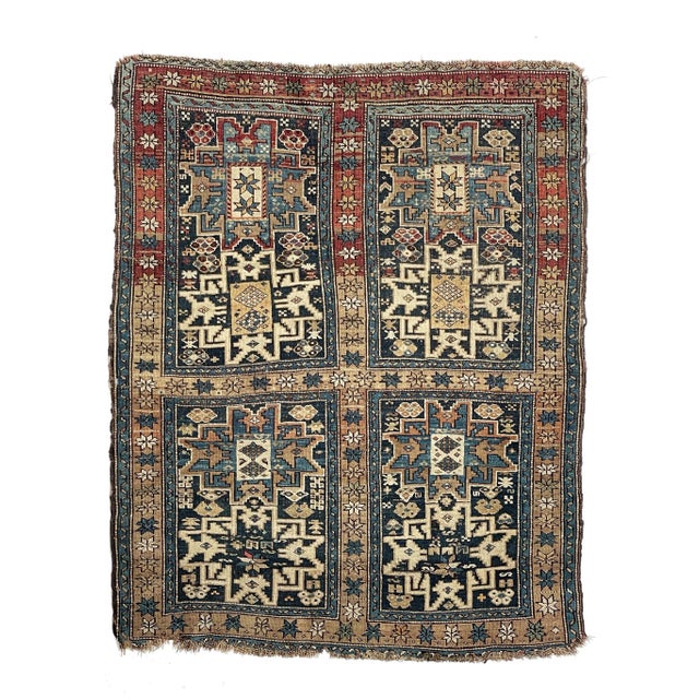 Turkish Antique Caucasian Quad-Section Duel Medallion with Leshgi Stars Rug, 3.8 x 4.8 For Sale - Image 3 of 3