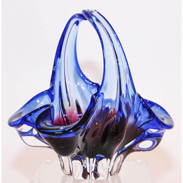 Mid-Century Modern Murano Art Glass Cobalt Blue Basket With Handle 1970s Italy For Sale - Image 3 of 13