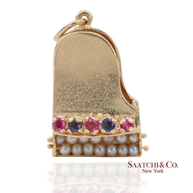 Early 21st Century 14k Solid Yellow Gold Pearl and Multicolor Gemstone Piano Charm Pendant For Sale - Image 5 of 11