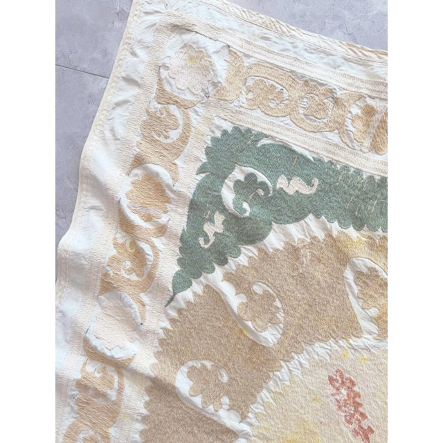1960s Hand-Embroidered Neutral Tan Suzani Wall Hanging, 5' X 5'1'' For Sale - Image 5 of 9