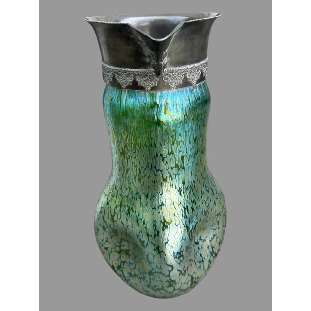 Art Nouveau Vintage Loetz Style Iridized Oil Spot 12" Art Glass Pitcher Silver Plated Rim For Sale - Image 3 of 9
