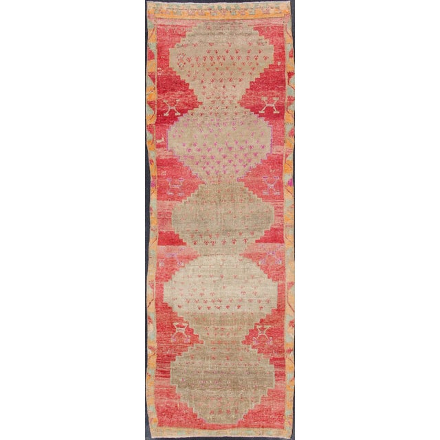 Vibrant Hand Knotted Turkish Vintage Runner in Faded Red, Coral, Orange, Pink and Green For Sale - Image 13 of 13