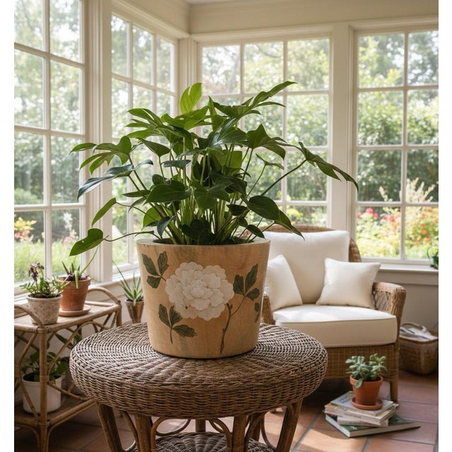 Camel Hand-Painted Floral Wood Cachepot With Peony Motif For Sale - Image 8 of 8