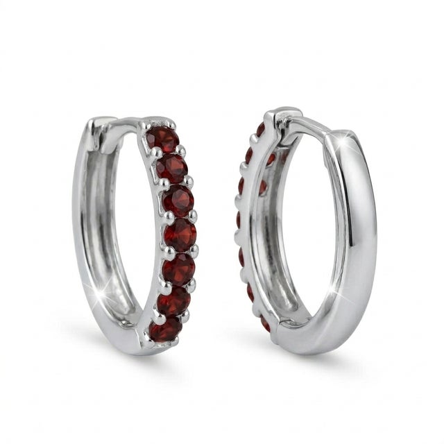 Contemporary Natural Garnet Huggie Hoops, January Birthstone Hoops, Dainty Earrings for Her - A Pair For Sale - Image 3 of 4
