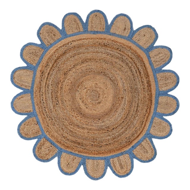 French Blue Round Jute Scallop Rug - 9'x9' For Sale
