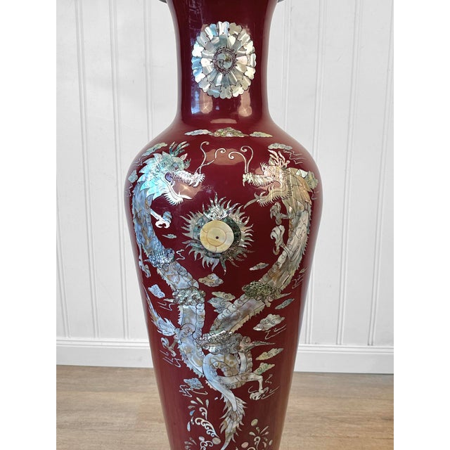 1970s Vintage 41" Chinese Chinoiserie Red Enamel & Mother of Pearl Inlay Dragon Floor For Sale - Image 5 of 10