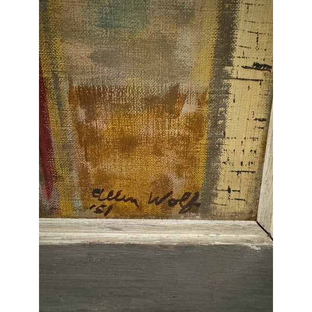 An abstracted mid-century cityscape rendered in oil, depicting a building facade with a grid of shuttered windows and a...