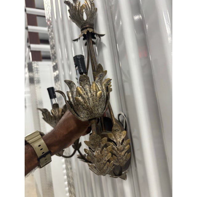 Copper Silver-Leaf and Copper Tone Metal Two Arms Wall Sconces - Set of 2 For Sale - Image 8 of 9