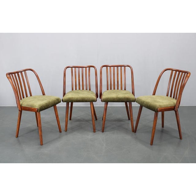 Set of four Šuman Mid-Century dining chairs designed and produced in 1960s Czechoslovakia. Each chair features a curved...