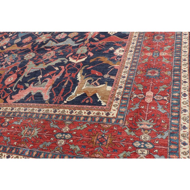 Large Persian Bidjar Rug With Navy Field and Red Border Floral Design For Sale - Image 12 of 16
