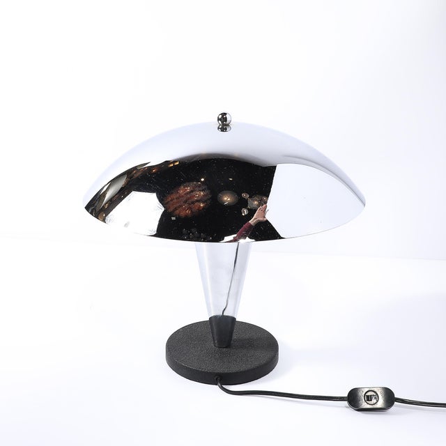 Metal Art Deco Style Machine Age Dome Form Polished Chrome & Black Enamel Table Lamp For Sale - Image 7 of 12
