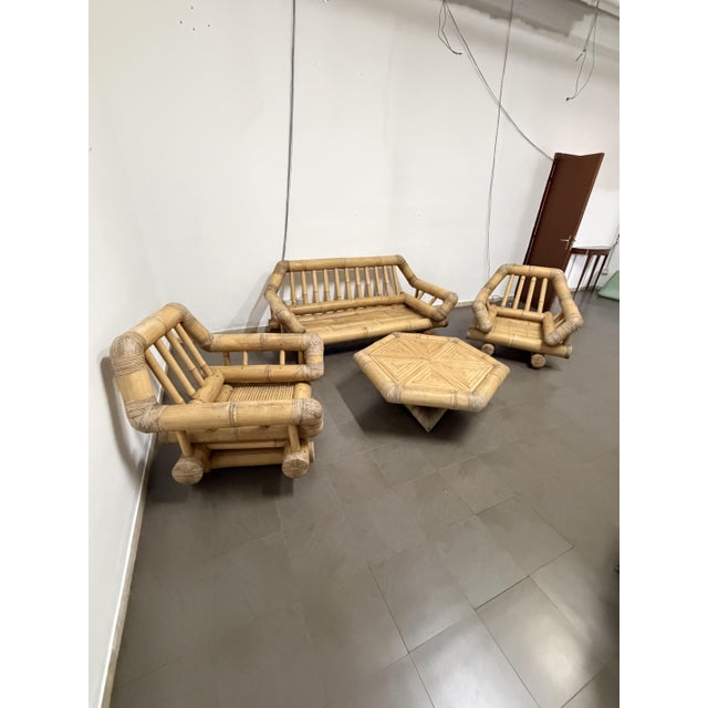 Set of 4 Bamboo Sofa, 2 Armchairs, and Coffee Table, 1970 Found in a villa on Capri (Naples). Good condition, with minor...