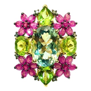 Bochic “Orient” Vintage Diamond, Peridot, Tourmaline & Topaz Ring 18K & Silver For Sale