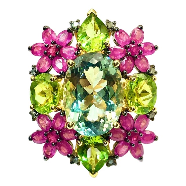 Bochic “Orient” Vintage Diamond, Peridot, Tourmaline & Topaz Ring 18K & Silver For Sale