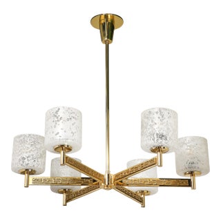 Mid-Century Brutalist Six Arm Textural Brass & Mottled Glass Chandelier For Sale