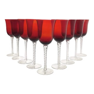 1990s Set of 9 Ruby Red Braided Stem Wine or Water Glasses For Sale