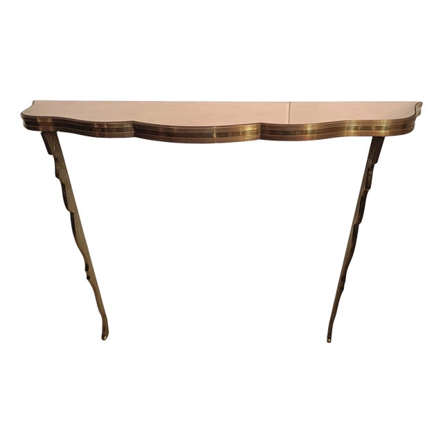 Brass Wall-Mounted Console Table with Pink Glass Top, Italy, 1940s For Sale
