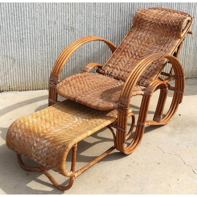 Mid-Century Modern 20th Century Adjustable Bentwood and Rattan Chaise Longue With Ottoman For Sale - Image 3 of 12