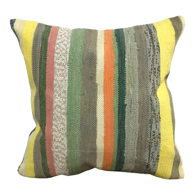 Vintage Striped Turkish Handmade Gray and Green Kilim Pillow Cover For Sale