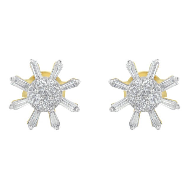 10k Yellow Gold Round and Baguette Diamond Stud Earring (0.50 cttw, H-I Color, I2-I3 Clarity) For Sale