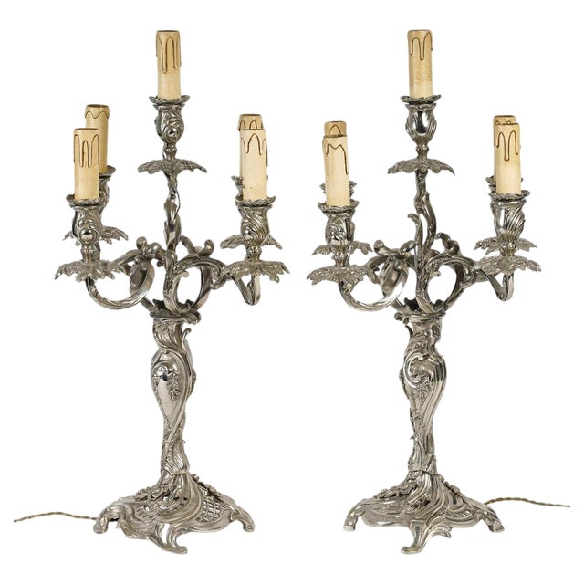 Louis XV Style Silver Plated Bronze Candelabra, 19th Century, Set of 2 For Sale