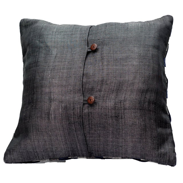 One-of-a-kind handwoven abaca pillow cover in an elegant blue/grey/neutral basketweave. Back features coconut shell...