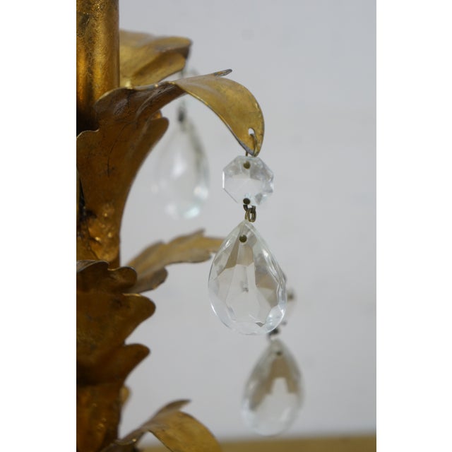 Mid 20th Century Italian Mid Century Hollywood Regency Florentine Gilt Tole Drop Crystal Lamps For Sale - Image 10 of 17