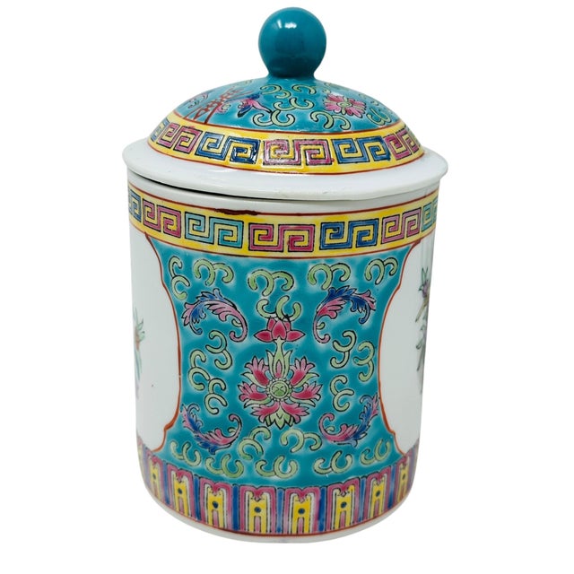 Vintage Chinese Porcelain Mugs With Lids Hand-Painted Famille Rose Teacups Made in China - a Pair For Sale - Image 4 of 12