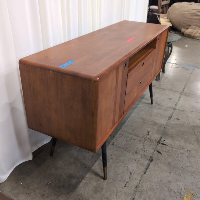 Mid-Century Modern Scandinavian Designs Lanson Sideboard 59 In, Solid Poplar, Light Walnut With Brass-Capped Legs For Sale - Image 3 of 7
