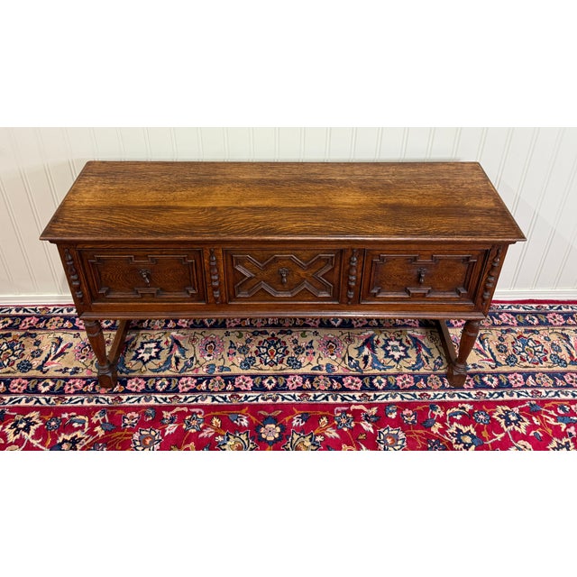 Antique English Jacobean Console Buffet Sideboard Sofa Table Oak c.1930s For Sale - Image 13 of 17