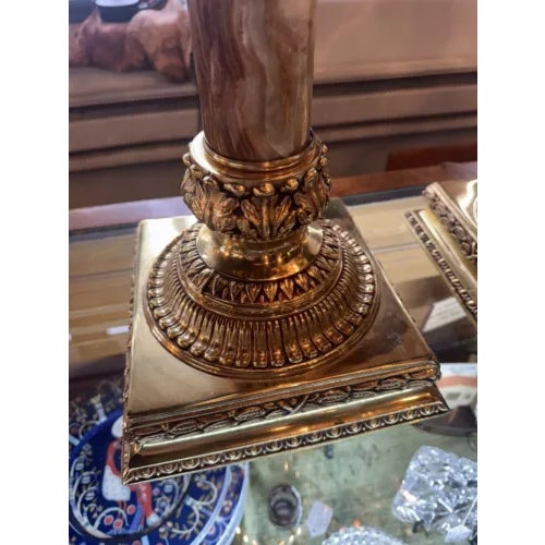 Metal Pair of Mid 20th Century Brass and Marble With Cut Crystal Open Globe Torchiere Buffet Lamps For Sale - Image 7 of 12