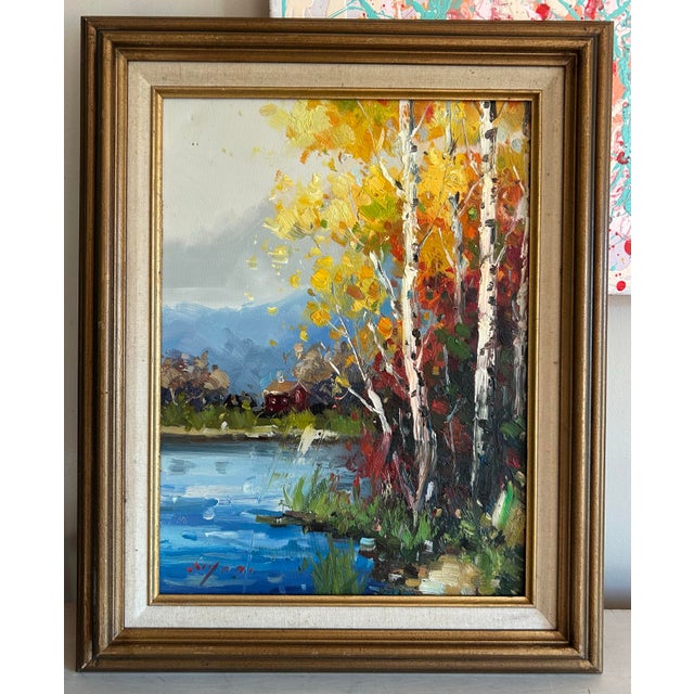 Beautiful, vibrant, impressionist oil painting on canvas of an autumn landscape. In original vintage wood frame. Painting...
