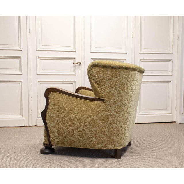 Brown Vintage Swedish Wingback Chair with Golden Velvet and Carved Oak Armrests, 1920s For Sale - Image 8 of 12