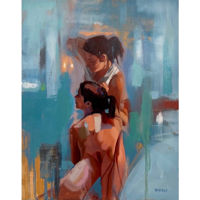Overlapping by Ryan Morse | Oil on Board Two figures interacting in an abstract background. For Sale