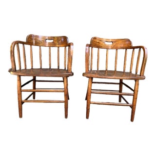 Pair of Arts and Crafts Firehouse Oak Windsor Pub Chairs For Sale