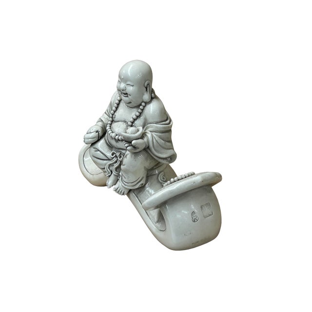 Oriental White Happy Laughing Buddha Ru Yi Porcelain Figure For Sale - Image 4 of 11
