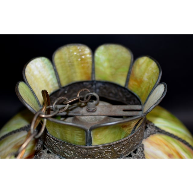 Antique Avocado Ceiling Light Shade With Slag Glass and Bronze Bands For Sale - Image 12 of 18