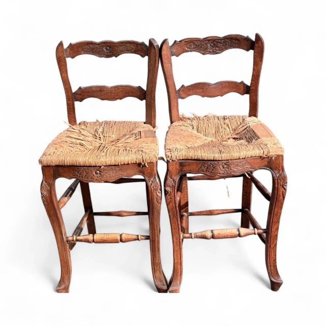 French Country Pair English Country Rush-Seat Chairs — Hand-Woven Seats For Sale - Image 3 of 9