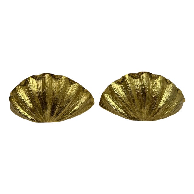Art Deco Scallop Shell Wall Lamps in Gilded Cast Bronze, 1970s, Set of 2 For Sale