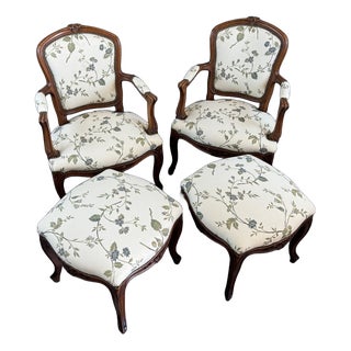 Set of 19th Century Louis XV Armchairs and Ottomans, 1890s, Set of 4 For Sale