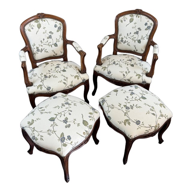Set of 19th Century Louis XV Armchairs and Ottomans, 1890s, Set of 4 For Sale