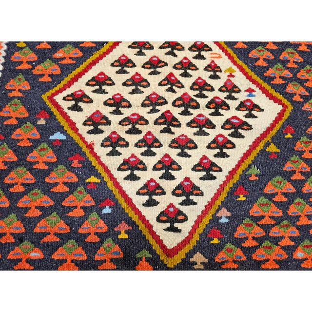 Vintage Persian Senneh Kilim, Flat-Woven Wool Rug, Paisley Pattern, Ivory & Black, 3x6 For Sale - Image 11 of 15