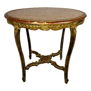 19th Century French Marble Top Table Carved Stretcher Base Antique 19th Century For Sale