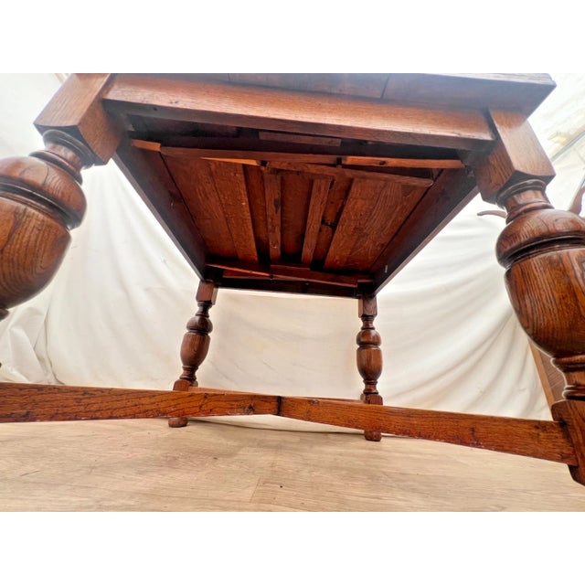 Early 20th Century English Tudor Expansion Table Turned Baluster Legs Quarter Sawn Oak, X-Stretcher For Sale - Image 14 of 14